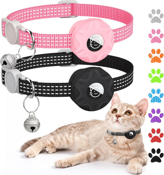 AirTag Cat Collar, Reflective GPS Tracker with AirTag Holder and Bell, Lightweight, Unisex, Black/Pink, Small Cats