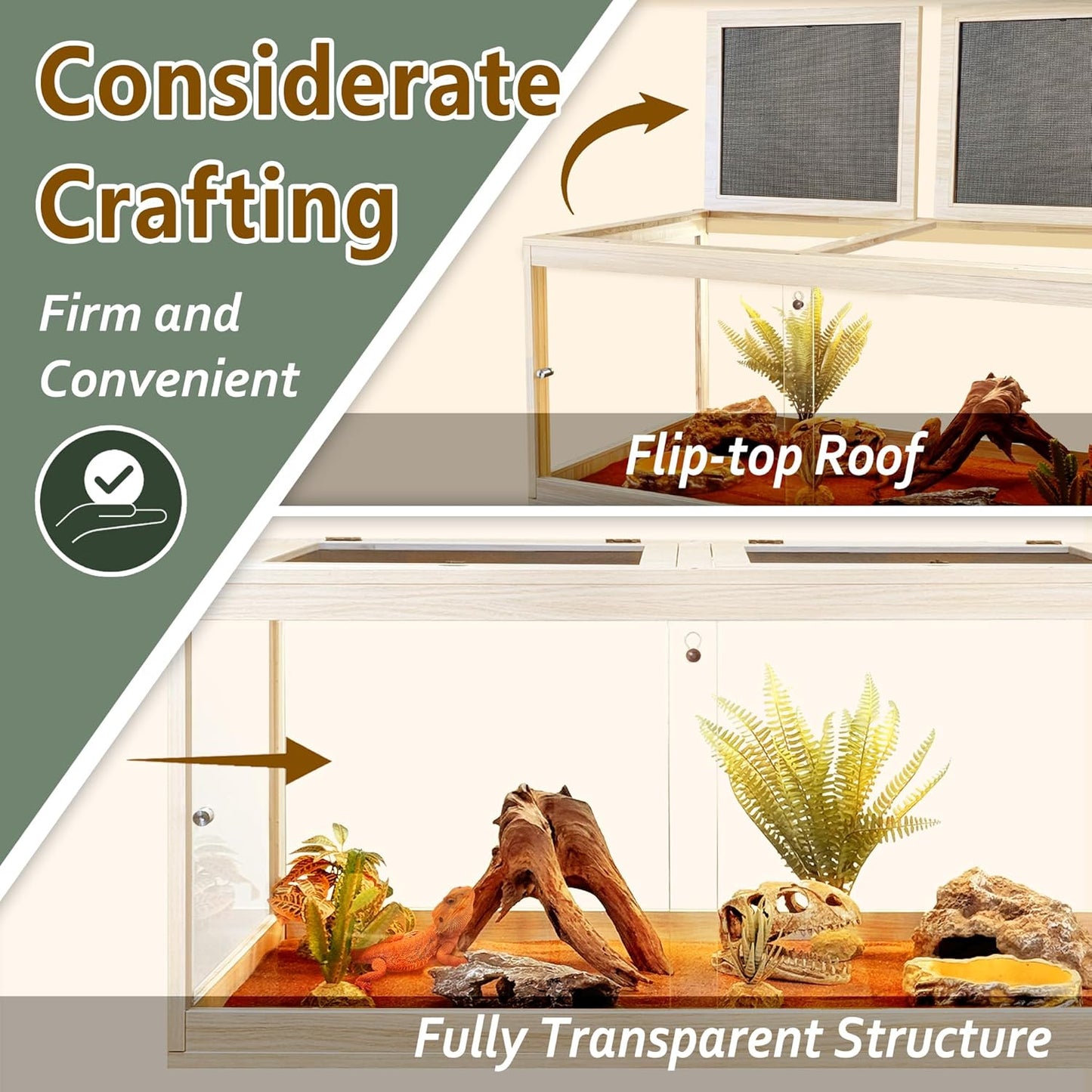 PROLEE Bearded Dragon Tank,81 Gallon Tempered Glass Reptile Tank with Mesh Roof and Front Sliding Door, Anti-Scratch Lizard Tank,Spacious Reptile Enclosure for Snakes,Lguanas, Chameleons(Oak)