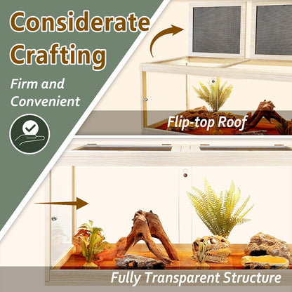 PROLEE Tempered Glass Bearded Dragon Tank,32 Gallon Reptile Tank with Meatl Mesh Roof and Front Sliding Door, Anti-Scratch Lizard Tank,Spacious Reptile Enclosure for Snakes,Lguanas, Chameleons (Oak)