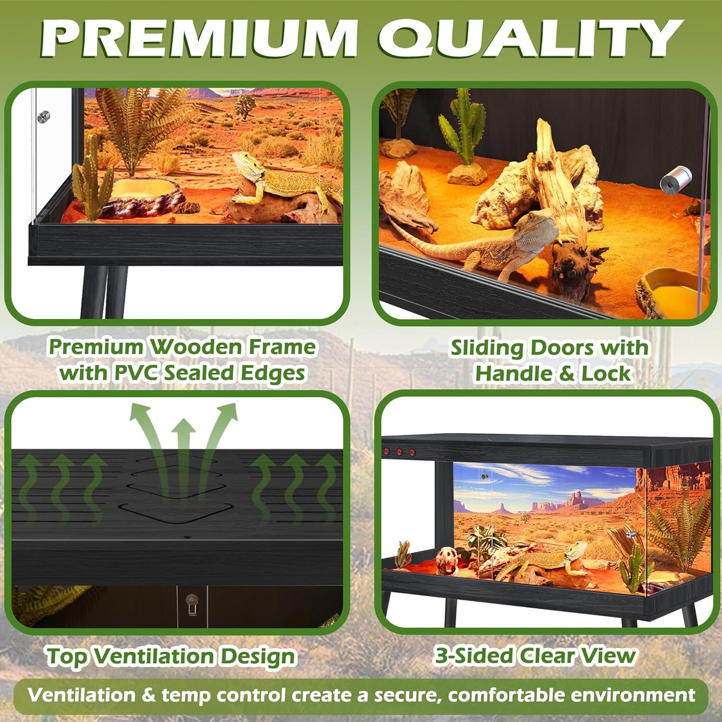 Royxen Tempered Glass Bearded Dragon Tank,81 Gallon Reptile Tank with Leg Stand,Built-in Lighting Reptile Enclosure Scartch-Proof Bearded Dragon Encloure for Chameleon,Lizard(Black,48"x 20"x 20")