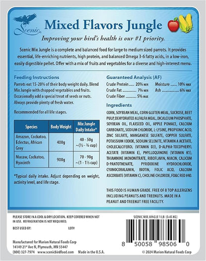 Scenic Mix Jungle Premium Parrot Food - Apple, Natural Flavors, High Protein, Low Iron Bird Pellets for Large Parrots, Macaw Food, Cockatoo & African Grey Parrots, Omega 3, Vitamins, Minerals, 1 LB