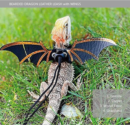 Bearded Dragon Leash and Harness Set, Beardie Carrier, Lizard Adjustable Harness with Leather Wings and Sling Bag, Reptile Small Pet Backpack Batwing Accessories (Grey)