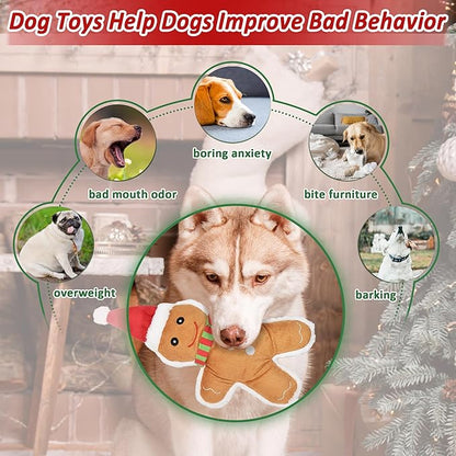 Christmas Dog Toys, 4pcs Stuffed Dog Squeaky Toys for Teething and Chewing, Tough Xmas Gift Toy Bundle Santa Toys for Small Large Dogs Puppy