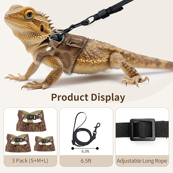 AIITLE 3 Pack Adjustable Bearded Dragon Harness and Leash Set - Leopard Print, Comfort Soft Leather Vest for Lizards, Iguanas, Guinea Pigs, Outdoor Walking & Camping, Brown