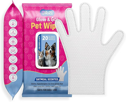 Dr. Paws Glove & Go Grooming Wipes for Dogs & Cats - Paraben Free, Alcohol Free, Lick-Safe, Hypoallergenic, Oatmeal Scented Dog Wipes for Paws and Butt, Puppy Wipes (20 Count)