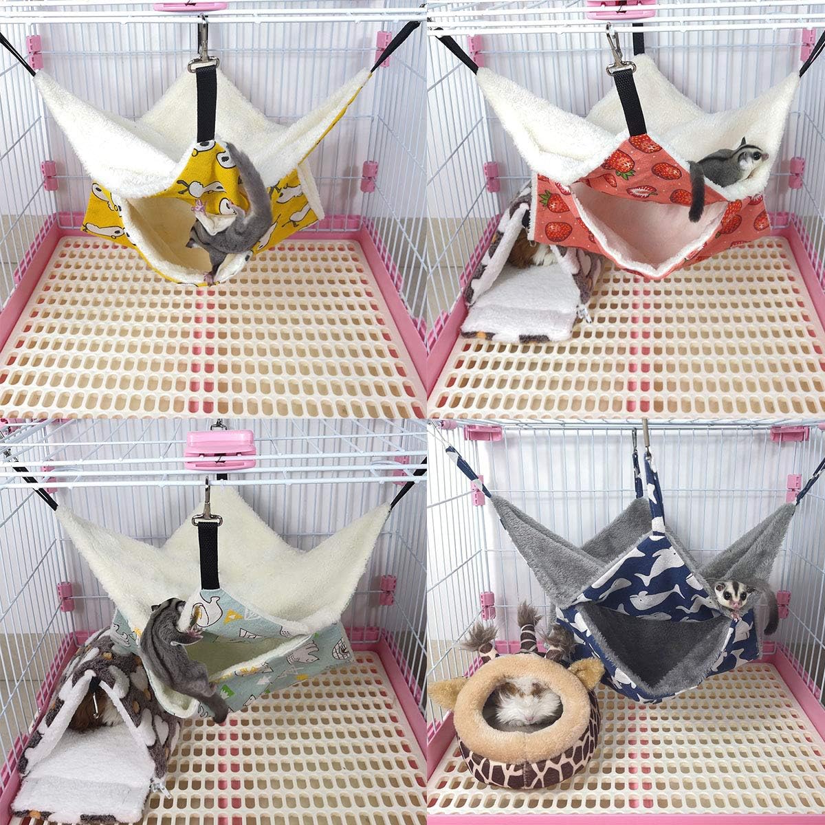 LEFTSTARER Pet Small Animal Hanging Hammock Ferret Bunkbed Hammock Cage Toy for Hamster Rat Sugar Glider Parrot Guinea Pig Hideout Play Sleep (Strawberry X 2pcs)