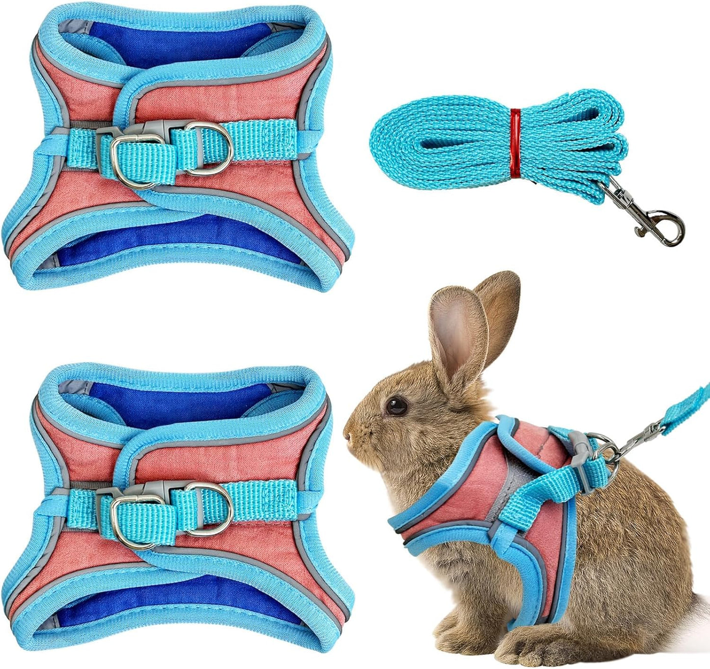 PINVNBY 2 Pack Bunny Hsrness and Leash Set Adjustable Rabbit Harness with Reflective Strips Double Buckle Pet Vest Eescape Proof for Small Rabbit Kitten Puppy Walks Accessories (Blue Pink, S)