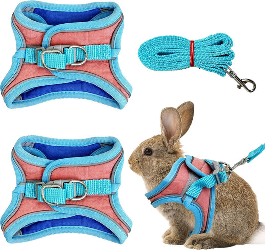 PINVNBY 2 Pack Bunny Hsrness and Leash Set Adjustable Rabbit Harness with Reflective Strips Double Buckle Pet Vest Eescape Proof for Small Rabbit Kitten Puppy Walks Accessories (Blue Pink, S)