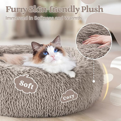 rabbitgoo Cat Beds for Indoor, 20 inches Machine Washable, Fluffy Round Pet Bed Non-Slip, Calming Soft Plush Donut Cuddler Cushion Self Warming for Small Dogs Kittens, Khaki, Medium
