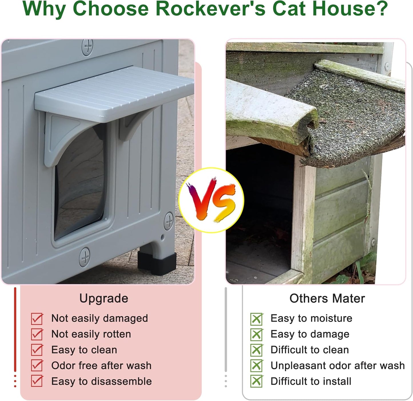 Rockever Plastic Insulated Outdoor Cat House with Escape Door, 2 Story Waterproof Cat House for Outdoor Cats for Feral Cats, Elevated Outside Cat Shelter, Clean and Assemble Easily