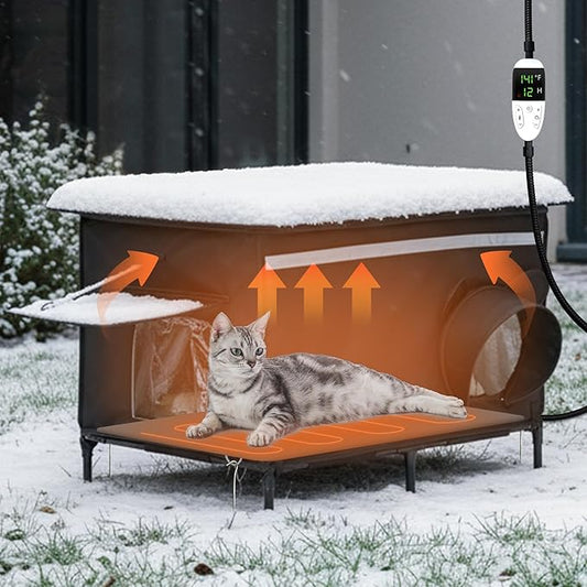 Heated Outdoor cat House for Outside, Weatherproof Insulated Feral Cat Shelter with Timer-Temp Control Heating Pad in Winter, Large Elevated Outdoor Cat House with Zipper, 2 Doors, Safety- Black