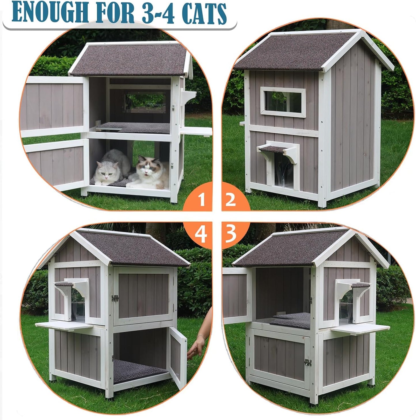 Rockever Outdoor Cat House, Large Outdoor Houses for Feral Cats with Self-Warming Mat Wooden Outside Cat Shelter Weatherproof with Escape Door