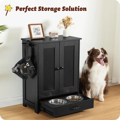 ALINE FURNITURE Dog Feeding Station with Storage Cabinet and 2 Elevated Dog Bowls, Hidden Pet Feeder Station Wood, Dog & Cat Storage Organizer, Black