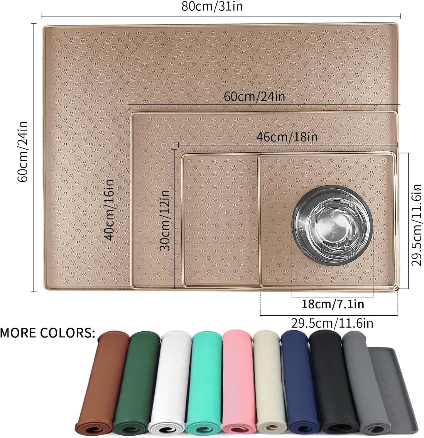 Ptlom Dog Food Mat Anti-Slip Bowl Mats for Food and Water, Waterproof Pet Placemat with High Raised Edges, Silicone Puppy Feeding Tray for Small, Medium Large Dogs Cats, Taupe, 31.5" 23.6"