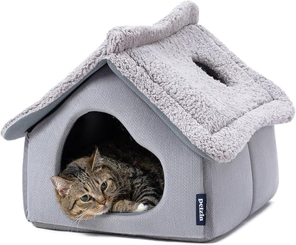 Cat Houses for Indoor Cats - Large Cat Cave Bed with Removable Support Foam and Washable 2-Side Mat - Covered Cat Bed for Cat Hideaway - Enclosed Cat Hideout for Kitten and Small Pet, Grey