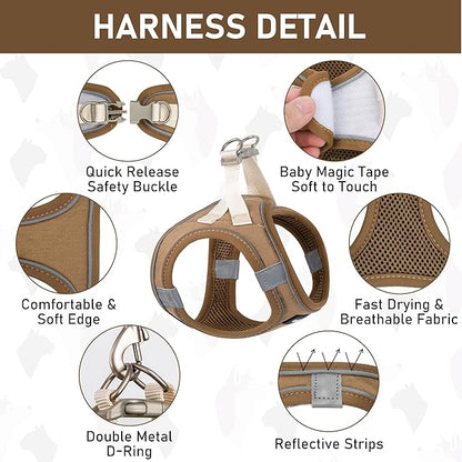 GAMUDA Small Pet Harness Collar and Leash Set, Step in No Chock No Pull Linen Fabric Soft Mesh Dog Vest Harnesses Reflective for Dogs Puppy Cats Kitten Rabbit (Brown, L)