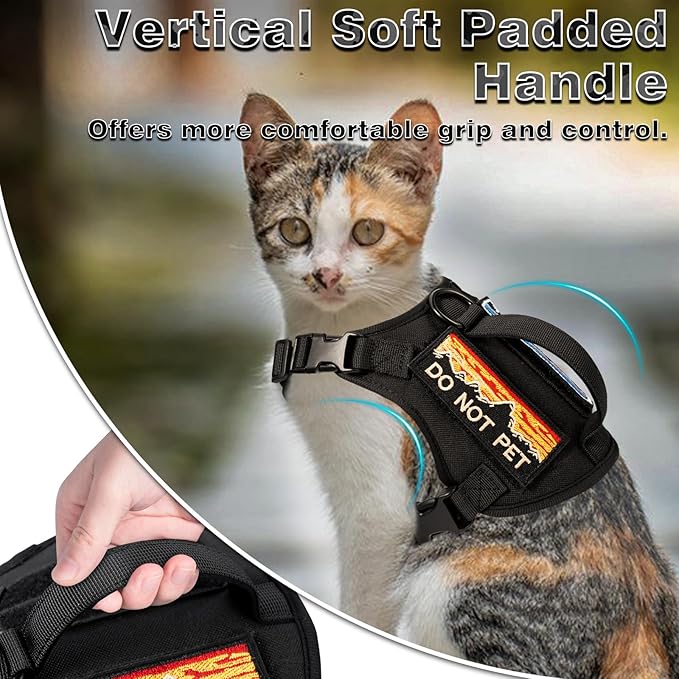 Tactical Cat Harness and Leash Set for Walking, Adjustable Escape Proof Pet Vest for Large Cat,Easy Control Breathable Cat Vest with Handle，Molle Patches (Black, L)
