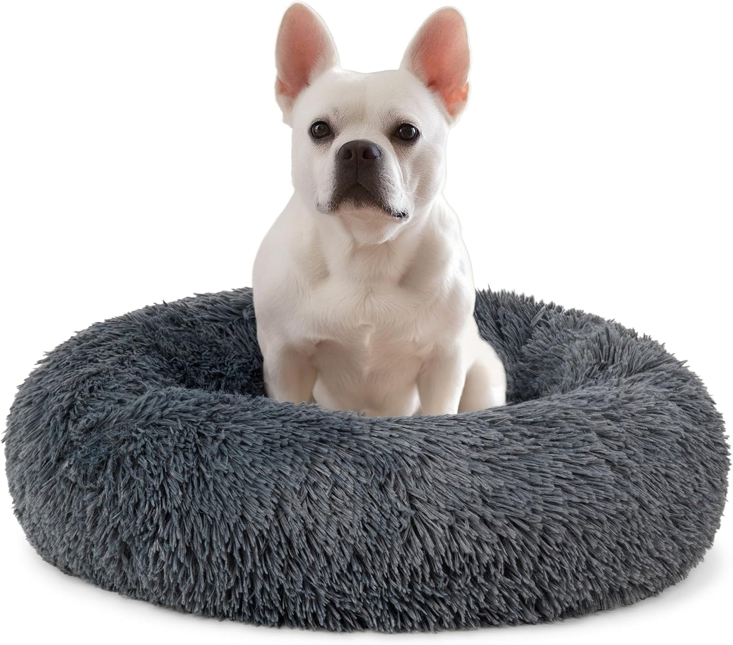 PetAmi Calming Dog Bed for Small Medium Dog Cat, Round Donut Washable, Fluffy Faux Fur Plush Cuddler Pet Kitten Cushion, Anti-Slip, Fits up to 25 lbs, 23 inch, Dark Gray