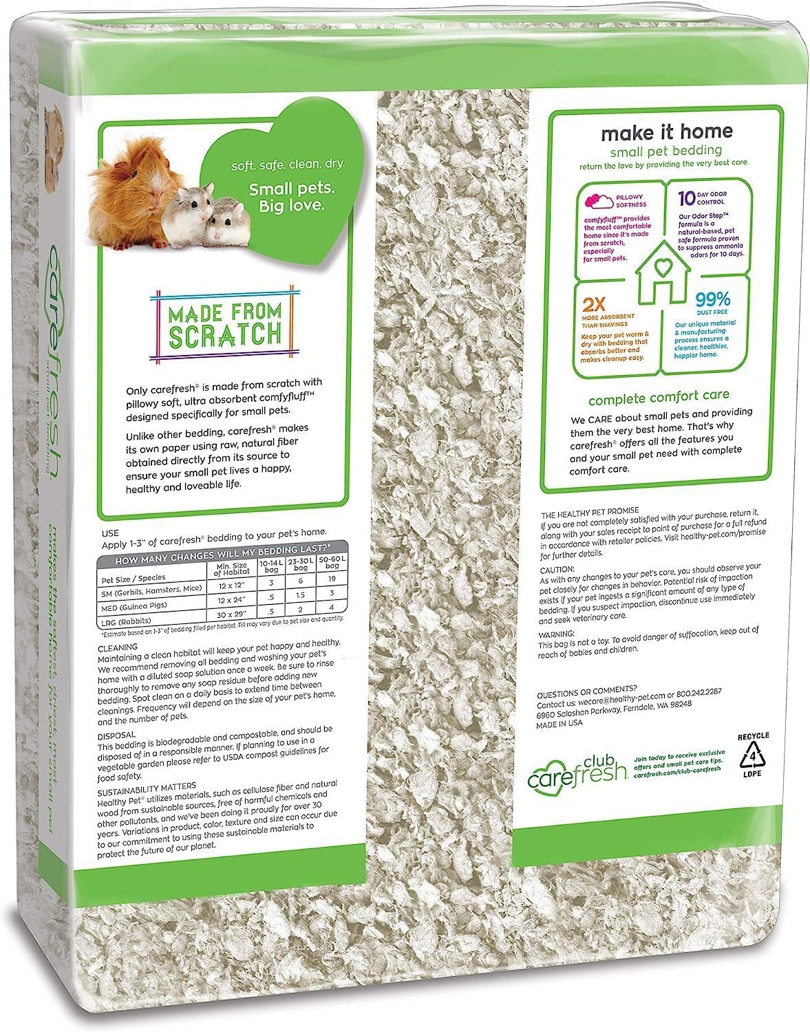 Carefresh 99% Dust-Free White Natural Paper Small Pet Bedding with Superior 10 Day Odor Control & Absorption, for Guinea Pigs, Hamsters, Rabbits, & Rats, 60 L