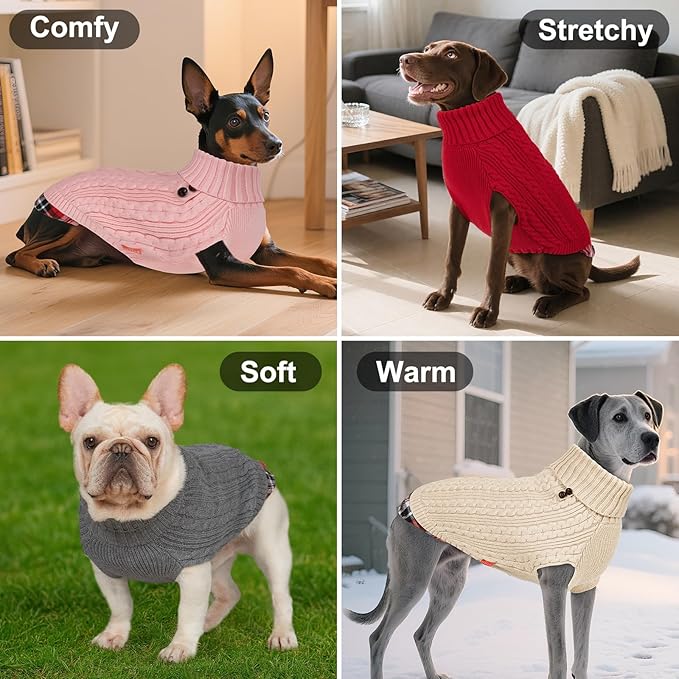 KYEESE Dog Sweater Comfy Pet Coat for Fall Winter Cold Weather Stretchy Knitwear Cat Clothes Soft Pullover Dog Sweaters for Small Dogs Male Warm Turtleneck Small Dogs Sweater with Gingham Patchwork