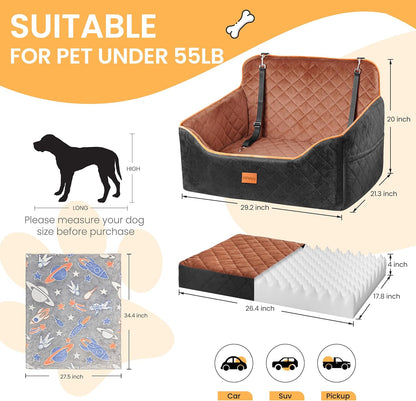 Dog Car Seat for Medium Dog, Booster Seat for Dogs Under 55lb, Elevated Pet Seat with Pocket, Anti-Slip Bed for Car, Perfect for Back Seat & Trunk with 2 Safety Leashes (Black/Brown, Large)