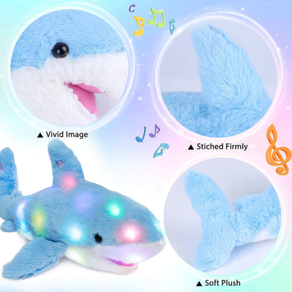 Hopearl LED Musical Stuffed Shark Lighting Up Singing Plush Toy Adjustable Volume Lullaby Animated Soothe Birthday Festival for Kids Toddler Girls, Blue, 16''