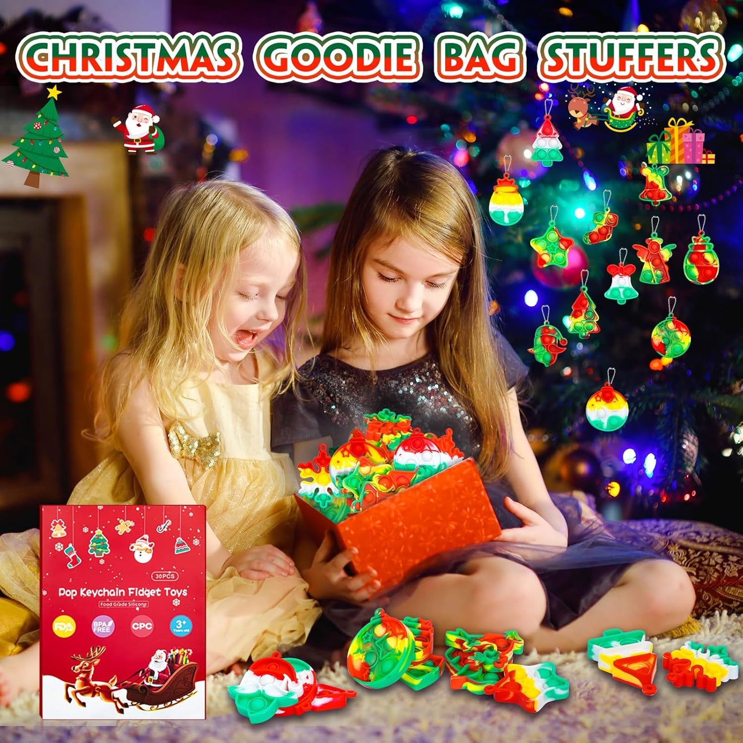 Christmas Pop Fidget Toys Bulk Its Christmas Party Favors for Kids 30 Pack Mini Pop Keychain It Stocking Stuffers for Kids Goodie Bag Stuffers Fidgets for Classroom Prizes Student Birthday Party Gifts