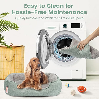 Miguel Washable Faux Linen Cat Beds for Indoor Cats with Removable Cushion Pillow, Easy to Wash Small Dog Bed with Side, Rectangle Kitten Bed Cuddle Puppy Bed with Anti-Slip Bottom, Green 20 Inch