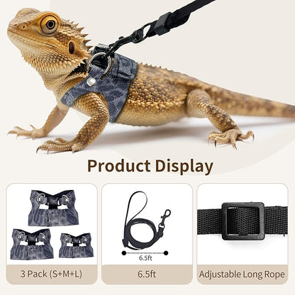 AIITLE 3 Pack Adjustable Bearded Dragon Harness and Leash Set - Leopard Print, Comfort Soft Leather Vest for Lizards, Iguanas, Guinea Pigs, Outdoor Camping & Walking, Blue