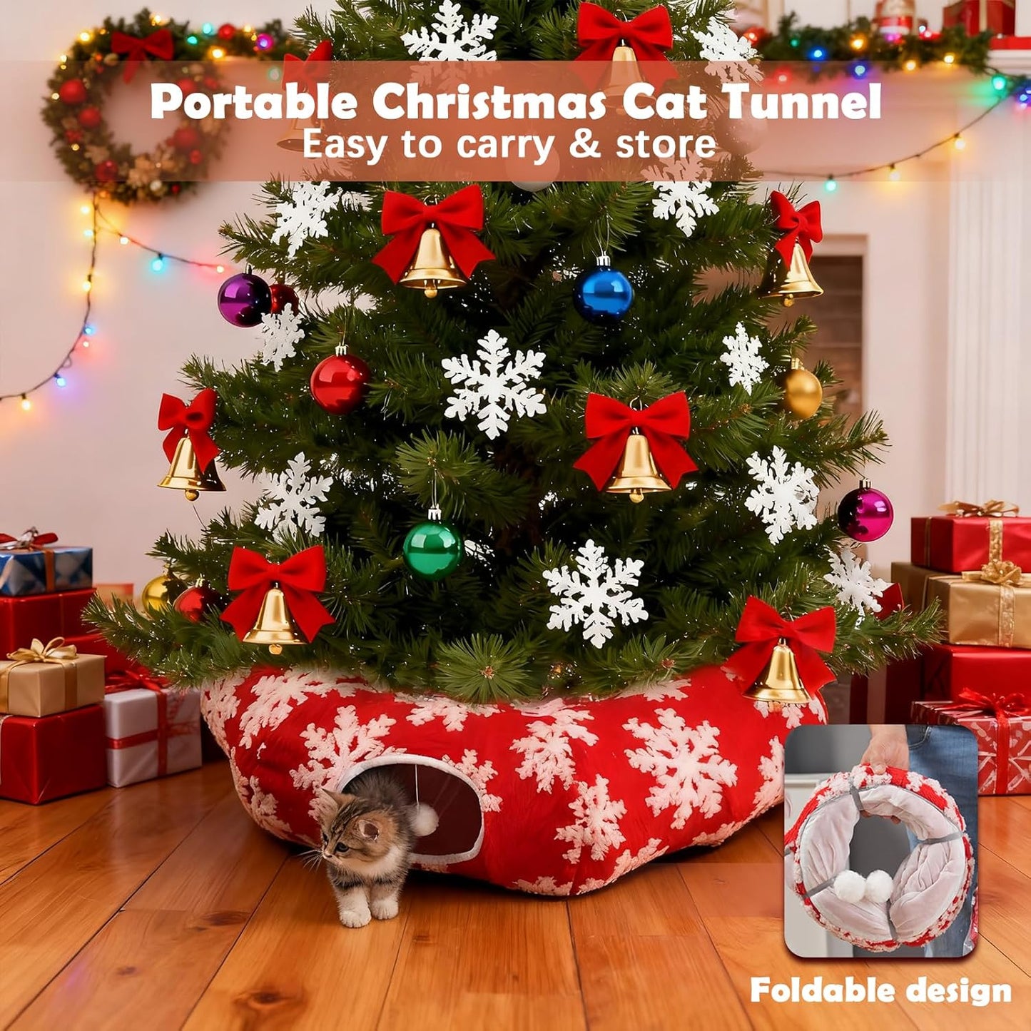 Cat Tunnel Christmas Tree Skirt,Christmas Tree Cat Tunnel for Indoor Cats,Cat Tunnels Tree Skirt,Soft Peekaboo Hideway Bed Cave Donut Toys Circle Tunnels for Kittens & Large Cats (Red)