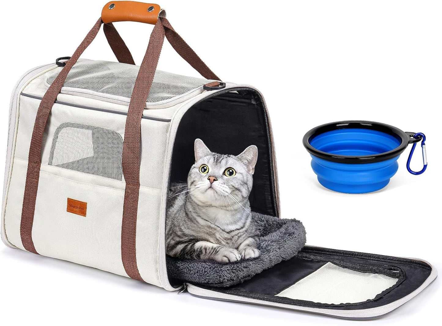 Morpilot Cat Carrier - Soft Sided Cat Carrier Large for Big Medium Cats and Puppy up to 18lbs, Pet Carrier with Safety Zippers, Foldable Bowl, Airline Approved Large Dog Carrier - Beige
