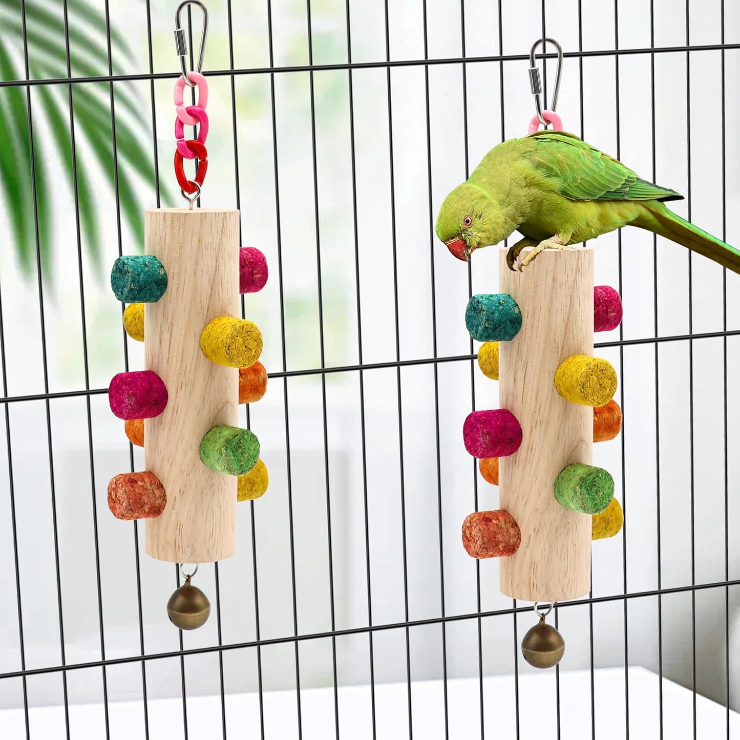 Cylinder Bird Chew Toy, Parrot Cork Stopper Toys Bird Swing Bell Hanging Wooden Puzzle Foraging Toys Small Bird Bite Perch Stand, Small and Medium Parrots (1 Pack-Cylinder Cork Stick)