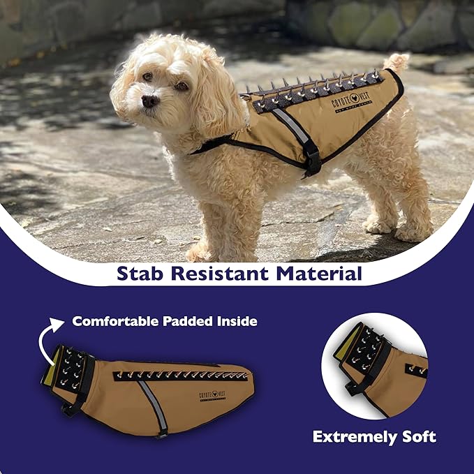 CoyoteVest Dog Harness Protection Vest, Reflective Dog Accessories with Spikes to Shield Your Pet from Raptor and Animal Attacks, Proudly Made in America (XX-Small, Texas Tan)