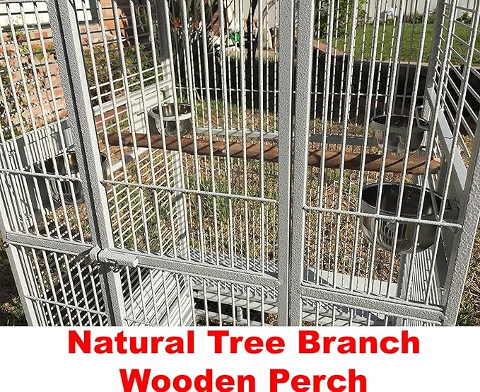 4-Size / 2-Color, Large Double Ladders Open Play Top Wrought Iron Bird Parrot Parttot Finch Macaw Cockatoo Cage, Include Seed Guard and Toy Hook (24" W x 22" D x 63" H White Vein)