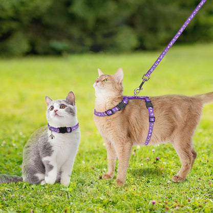 PAWCHIE Cat Harness with Leash and Collar Set - Escape Proof Adjustable H-shped Cat Harness with Star and Moon Pattern Glow in The Dark for Kitty Outdoor Walking
