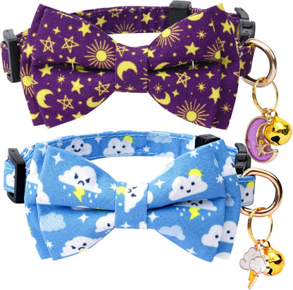 2 Pack Cotton Cat Collar with Bow Tie and Bell for Girl Boy Cats,Cute Purple Moon and Blue Cloud Pattern Spring Summer Breakaway Cat Collar for Male Female Cats(Moon&Cloud)