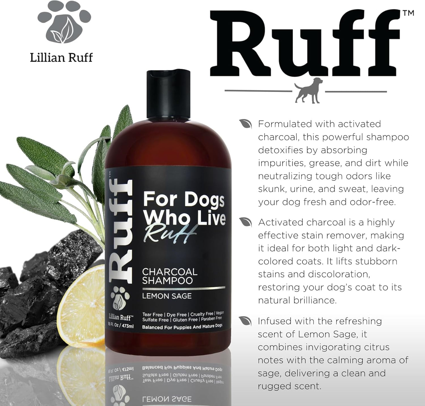 Ruff by Lillian Ruff Activated Charcoal Pet Shampoo – Deep Cleanser, Deodorizer, Stain Remover – Lemon Sage Scent, pH Balanced, Hydrate Dry Itchy Skin – Safe for Puppies & Mature Dogs