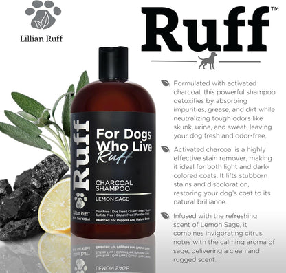 Ruff by Lillian Ruff Activated Charcoal Pet Shampoo – Deep Cleanser, Deodorizer, Stain Remover – Lemon Sage Scent, pH Balanced, Hydrate Dry Itchy Skin – Safe for Puppies & Mature Dogs