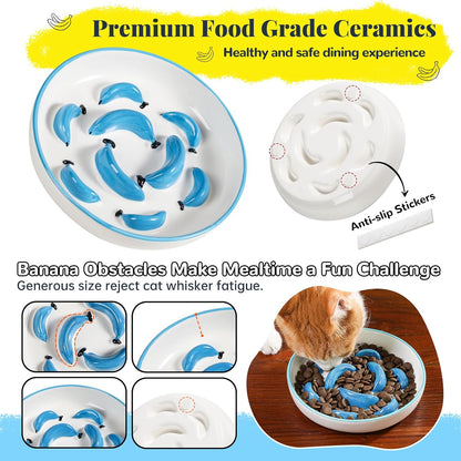 Ceramic Cat Slow Feeder Bowl - Vibrant Cat Feeding Bowl - Cute Maze Food Dish for Slow Eating - Dishwasher Safe - 6.3''W x 1.2''H - 7 OZ - Yellow