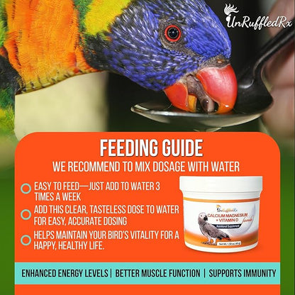 UnRuffledRx™ Bird Calcium Plus with Magnesium and D3, Dissolves Clear and Tasteless in Water, Supports Bone, Muscle, Feather and Egg Health, 45 Servings, Made in FDA-Registered USA Facility