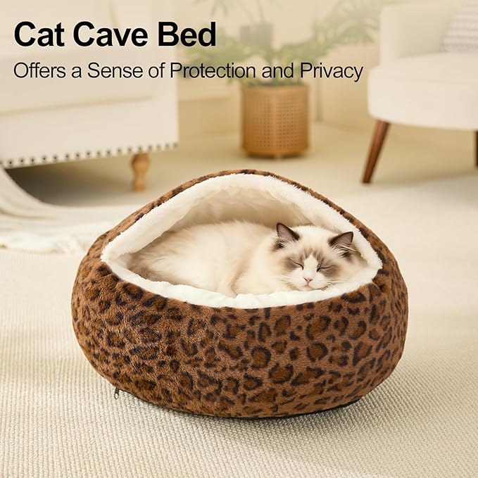 Calming Dog Beds & Cat Cave Bed with Hooded Cover,Removable Washable Round Beds for Small Medium Pets,Anti-Slip Faux Fur Fluffy Coved Bed for Improved Sleep,Fits up to 15/25 lbs(Leopard Print,S)