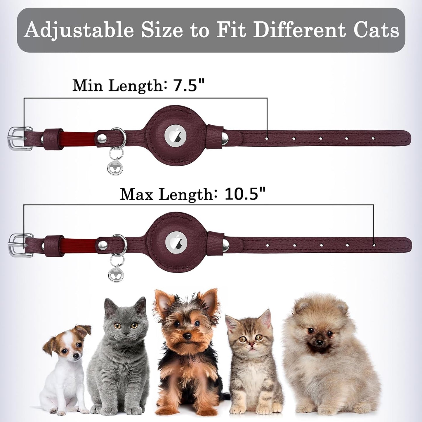 OOPSDOGGY Cat Collar for AirTag Holder, Leather Kitten Collars with Elastic Strap & Bell, Non Breakaway Adjustable Small Pet Collars for Indoor & Outdoor for Boy, Girl (Burgundy)
