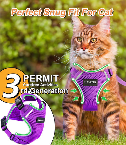 Halypet Cat Harness and Leash Set [ MAX Safety Third Generation ] Escape Proof Soft Adjustable Cat Leash Breathable Comfortable Vest Easy to Wear Kitten Harness for Outdoor Walking