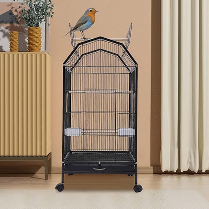 40 Inch Bird Cage with Play Open Top & Lockable Rolling Stand, Medium Birdcage for Parrot Lovebirds Finches Canaries Parakeets Cockatiels Budgie Parrotlet Conures, Black