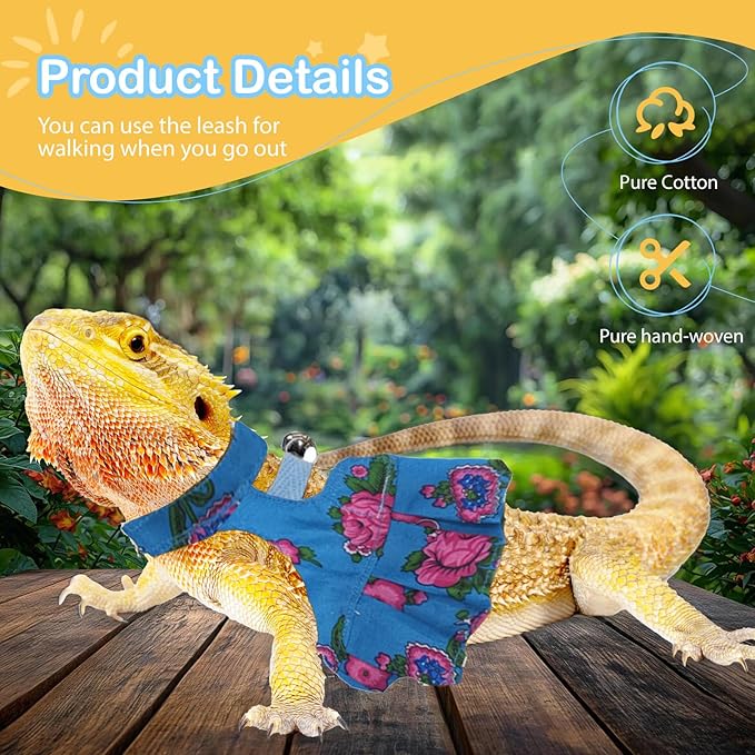 Lizard Harness Dress and Leash, Adjustable Hamster Ferret Harness and Leash Set, No-Pull Walking Vest for Lizard Small Animal Gecko Chameleon (Blue S)