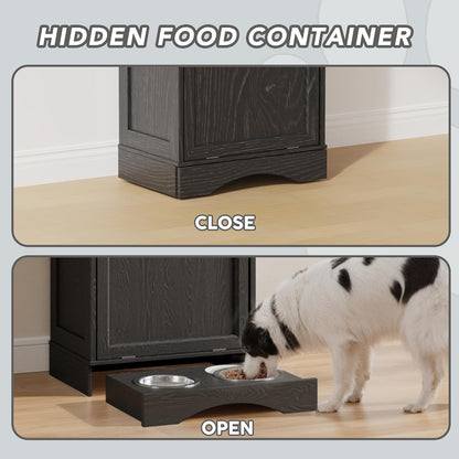 FIMELLO Dog Feeding Station, Tilt-Out Dog Food Storage Cabinet with Drawer,Pet Feeder Cabinet,Black Grain