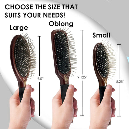 Kenchii Pet Grooming Metal Pin Brush | Solid Wood, Non-Slip Grip Detangling and Shedding Tool for Long or Short Haired Pets - Large Oblong Size