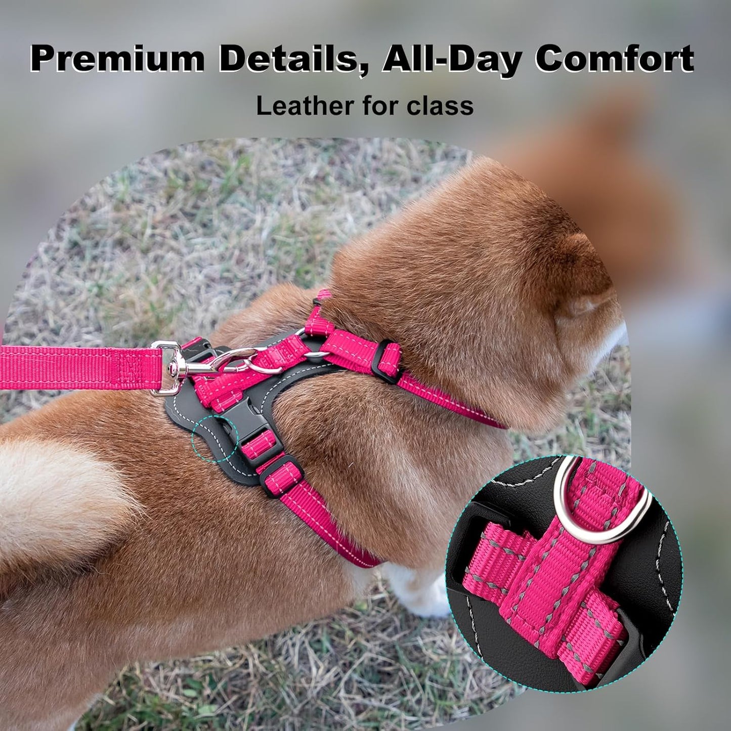 Plutus Pet Adjustable No Pull Dog Harness with Leather Accents, Heavy Duty Reflective Nylon Vest for Training, Hiking, Easy Walk Harness for Small, Medium, Large Dogs (Hot Pink, L)