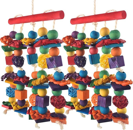 Bird Toys, 2PCS Parrot Foraging Hanging Toy, Multicolored Natural Wooden Blocks Parakeet Chewing Toys mit Rattan Wicker Balls, for Medium Small Cockatoos Budgie Lovebird Cockatiel Conure