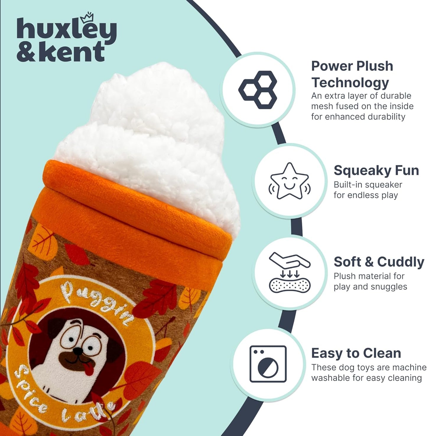 Huxley & Kent Funny Dog Toy w/Squeaker – Fall Power Plush Squeaky Dog Toys for Small, Medium & Large Dogs – Soft Stuffed Animal for Indoor Play & Fetch - Puggin Spice Latte, Large